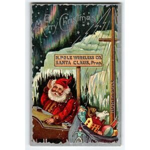 Santa Claus Christmas Postcard Embossed North Pole Wireless Telephone Pole AMP